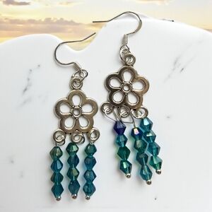 SWAROVSKI OCEAN BLUE SWING UNIQUE BOUTIQUE DESIGNER SHIMMER SILVER EARRINGS